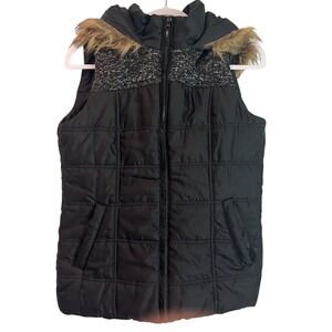 Miss London Black Label Puffer Vest Hooded Faux‎ Fur Trim Pockets Size M